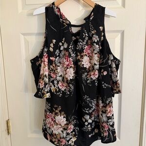 Elegant Floral Ruffle Blouse in Black and Pink